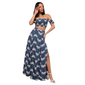 NWT Lulus Trancoso Dusty Blue Floral Print Two-Piece Maxi  Dress